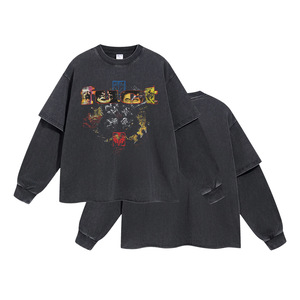 T-shirt Lunga da Uomo in 100% Cotone Stile Street Punk Ribelle con Stampa a Inchiostro Bianco Effetto Invecchiato e Cuciture a Due Pezzi OEM - Product Image 2