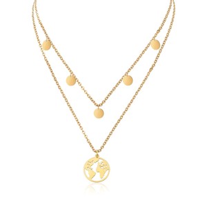 Fine4U F4U-N223 En Gros En Acier Inoxydable Rondes Monde <span class=keywords><strong>Carte</strong></span> Or Double Chaînes Collier - Product Image 1