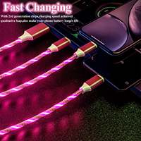 Câble de charge durable 3-en-1 avec lumière LED dynamique, chargeur rapide pour iOS, Type C, Micro USB, Android, courant 5A, gaine en nylon tressé blindée