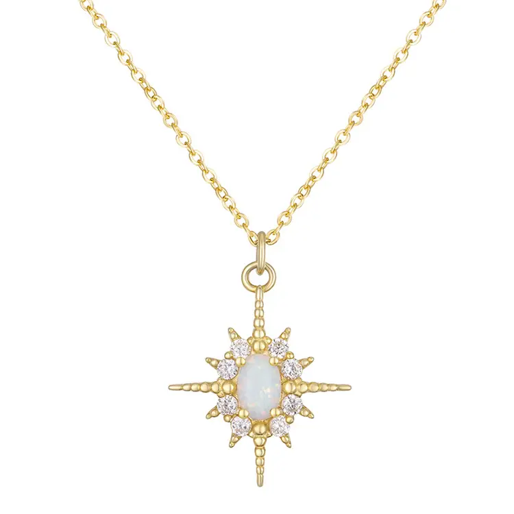 S925 Sterling Silver Plated 14k Gold Inlaid Sun Women Dainty Opal Star Necklace Opal Star Necklace Opal Gold Necklace