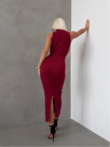 Vendita calda <span class=keywords><strong>abito</strong></span> da donna <span class=keywords><strong>in</strong></span> <span class=keywords><strong>maglia</strong></span> <span class=keywords><strong>bordeaux</strong></span> a costine <span class=keywords><strong>abito</strong></span> aderente dolcevita senza maniche con spacco posteriore per Party sera - Product Image 3