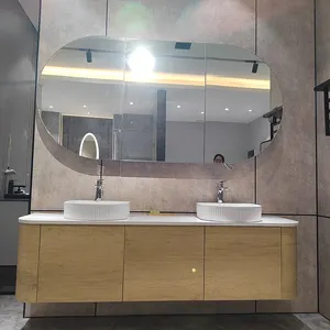 59 inç duvara monte katı ahşap çift lavabo banyo Vanity Modern çift lavabo duşakabin banyo Led ile aynalı dolap