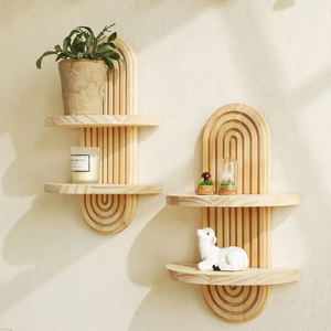Étagère <span class=keywords><strong>murale</strong></span> en bois à 2 niveaux Boho Étagères murales géométriques en bois naturel Décoration intérieure moderne <span class=keywords><strong>Plante</strong></span> décorative - Product Image 2