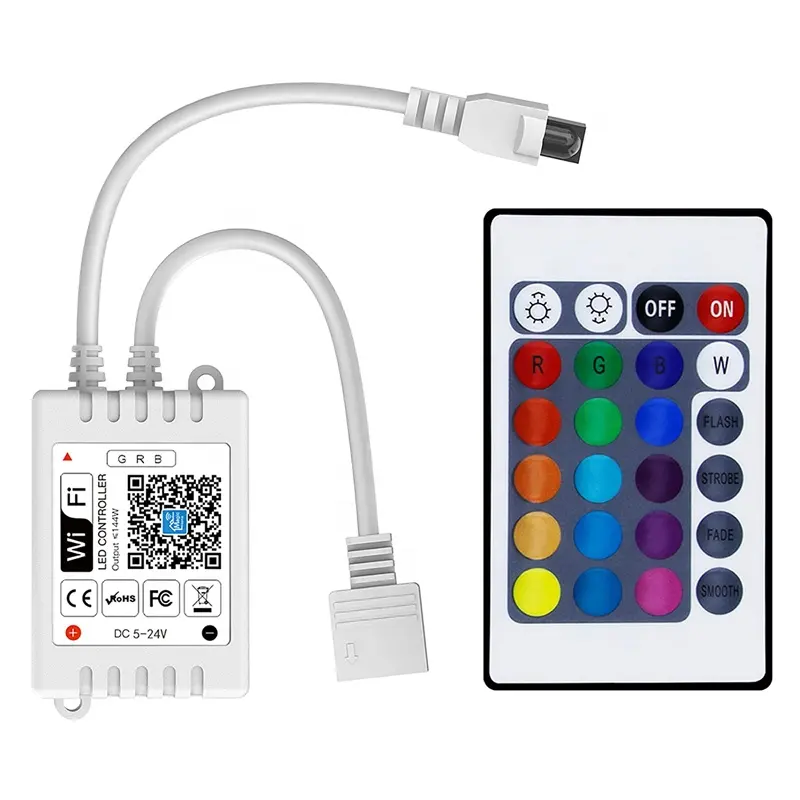 Pengontrol Dimmer LED RGB/GRB WiFi Pintar, Remote 24 Tombol Kompatibel dengan Amazon Alexa/Asisten Google untuk Lampu Strip LED 5050