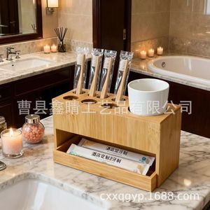 Estante de Baño de Madera de 2 Niveles, Rectangular, Independiente, Portacepillos de Dientes, Organizador de Almacenamiento, Duradero - Product Image 5