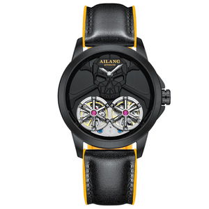 Montre mécanique automatique Ailang à double tourbillon, design tête de mort, bracelet en cuir noir, boîtier en verre, cadran en verre, acier inoxydable 12 mm, 30 m - Product Image 1