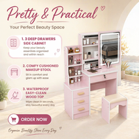 Ensemble de commode à tiroirs rose pour chambre à coucher blanche, avec miroir, coiffeuse avec lumière