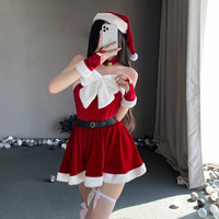 Costume de cosplay de Noël pour femmes, robe courte en velours à épaules dénudées avec un grand nœud, chapeau, gants, tenue de fête de Noël
