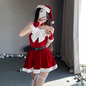 Costume de cosplay de Noël pour femmes, robe courte en velours à épaules dénudées avec un grand nœud, chapeau, gants, tenue de fête de Noël - Product Image 1