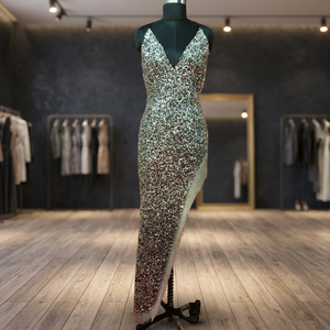 Women's Elegant Beaded V-Neck Floor-Length Evening <b>Dress</b> with Chapel Train Sleeveless Unique Side Slit for Prom-like Occasions - Product Image 3