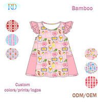 Robe trapèze en bambou à manches volantées pour filles Ruidian avec poches latérales contrastées, imprimé intégral de dessins animés mignons personnalisés, robe pour enfants