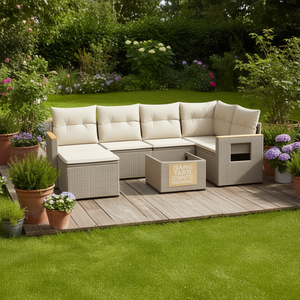 Set Divano da Esterno Beige in Rattan PE, Arredamento da Giardino 6 Posti con Piedini Regolabili, Design Contemporaneo - Product Image 2