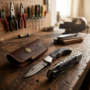 Cuchillo Plegable de Acero de Damasco Hecho a Mano, Hoja de Punta Caída, Mango de Madera, Apertura con Perilla, Cuchillo de Caza de 7 Pulgadas - Product Image 4