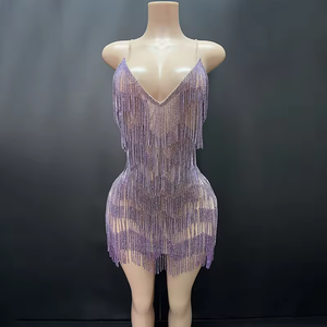 Nuevo Vestido Casual de <span class=keywords><strong>Moda</strong></span> con Cristales para Mujer, Vestido Halter sin Mangas con Borlas de Diamantes de Imitación, Mini Vestido Sexy para Club Nocturno de Verano - Product Image 2