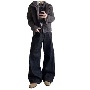 Nuovi <span class=keywords><strong>Jeans</strong></span> da Uomo Stile Retrò Casual a Gamba Dritta Vita Media Denim Cimosato Grezzo Lavato Larghi Pantaloni Baggy a Gamba Larga - Product Image 2