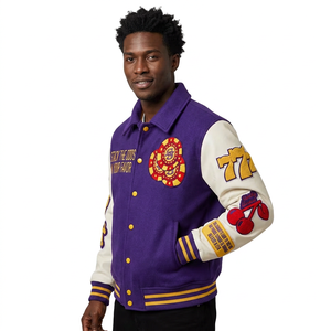 Wholesale Custom College Baseball Varsity Jacket Unisex Chenille Patch Breathable Stand Collar Winter <b>Wool</b> Genuine Leather - Product Image 1