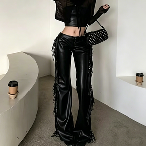 Pantalon <span class=keywords><strong>long</strong></span> en cuir véritable style motard, taille basse, avec franges et volants discrets, nouvelle collection automne 0019 - Product Image 1