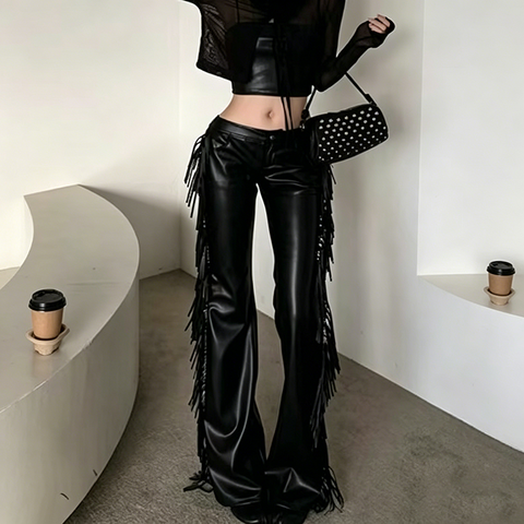 0019 Fall New Style Fashionable Motorcycle Style Low Waist Fringes and Subtle Ruffles Genuine Leather Long Boot Cut Pants
