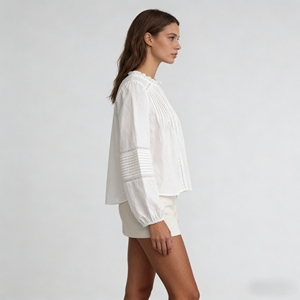 Camicetta Ricamata Personalizzata per Donne con Colletto a Volant, Maniche a Sbuffo, Fronte Plissettato, Manica Lunga, Stile Elegante, Abbigliamento Casual Estivo - Product Image 3