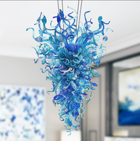 Lustre moderne en verre de Murano soufflé à la main, grand modèle, avec éclairage LED, bleu, pour escalier, maison, hôtel
