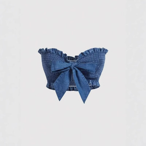 Femmes Unique Vintage été Streetwear sans manches Boob Tube Corset avec nœud Denim jean long décontracté hauts gilets - Product Image 6