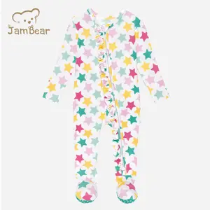 JamBear bebek kız fermuar Romper ayaklı onesie ruffled organik bambu toddler tek parça çift fırfır bebek romper