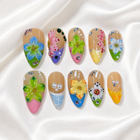 Ongles en amande arc-en-ciel, 10 pièces, avec fleurs 3D, strass et perles, faits à la main, à presser, luxe, taille moyenne