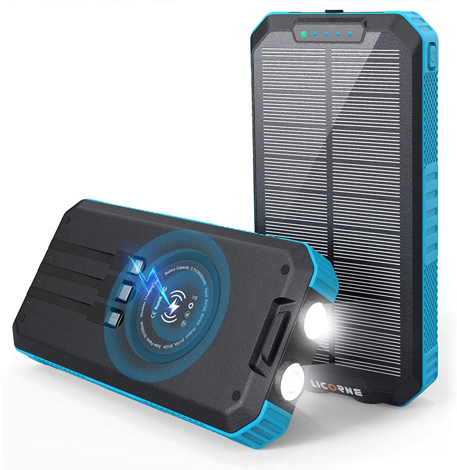 Dual USB waterproof 30000mAh solar power bank with wireless fast charger mobile phone solar power bank