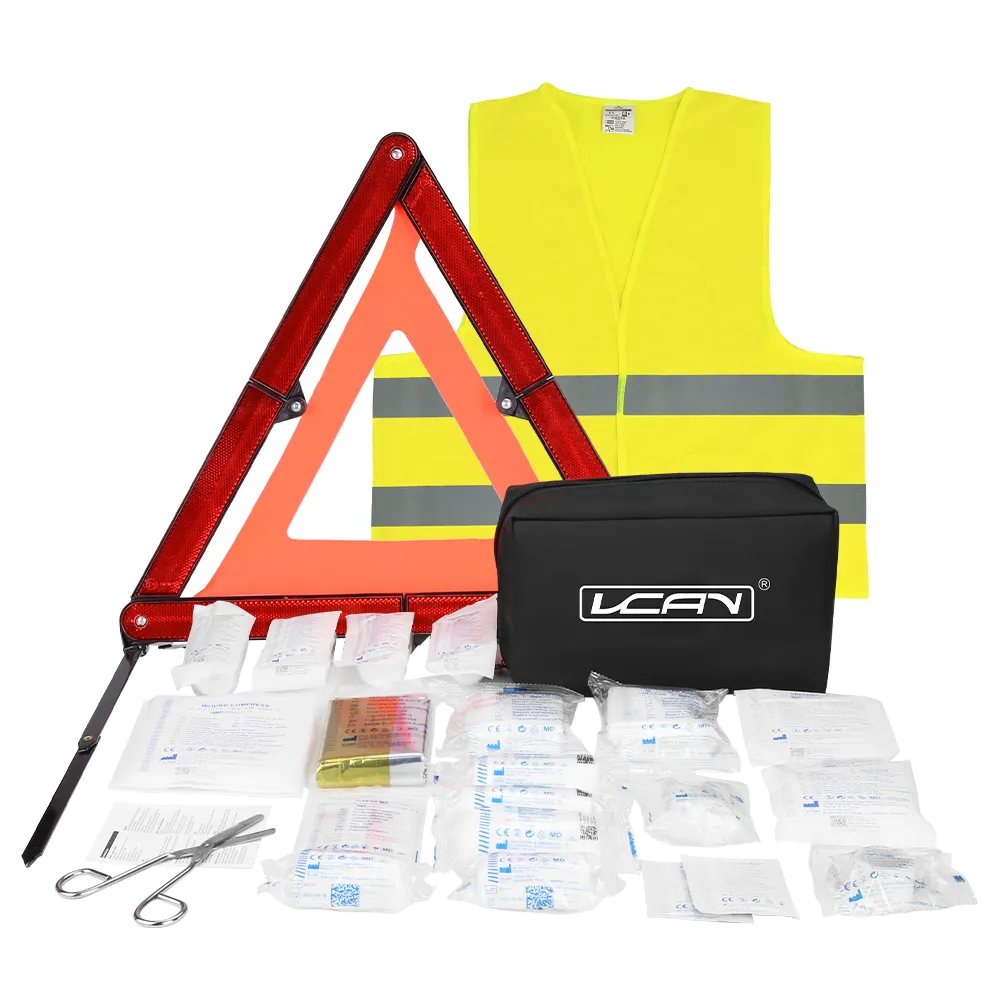 Kit de ferramentas de emergência 3 em 1 para carro, bolsa tripla compatível com colete médico DIN 13164, kit de primeiros socorros triangular de aviso