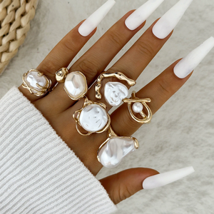 <strong>Gold</strong> Geometric Baroque Pearl <strong>Ring</strong>, Alloy Flower Oil Drip Branch <strong>Ring</strong> <strong>Set</strong> N8000112 - Product Image 4