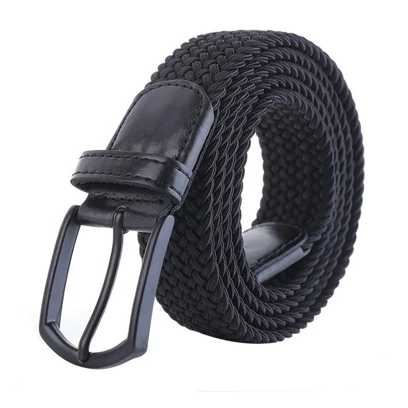 Ceinture extensible tissée élastique à pointe d'extrémité en cuir tressé réglable noire pour hommes, avec logo personnalisé