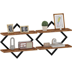 Solid Wood Wall <b>Shelf</b> Set 2Pcs Black Metal Frame Living Room Storage <b>Rack</b> For Books Toys Decorative Display - Product Image 1