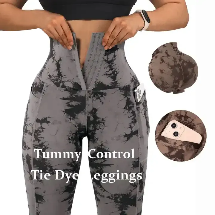 Oem Bodyshape Leggings d'entraînement à la taille grande taille Tummy Control Fitness Yoga Tie dye Pantalon de yoga à taille haute pour femmes avec poches