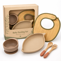 Ensemble d'alimentation pour bébé en silicone écologique OEM, tons terre, sans BPA, avec bol à ventouse, assiette, bavoir en bambou et ustensiles en bois naturels pour tout-petits