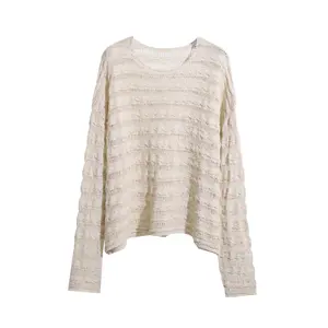 Weshallo High Quality Long Sleeve Hollow Out Pullovers Crop Custom Knitted Cotton Sweater Women