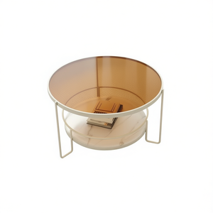 Tavolino da Caffè Moderno con Piano in Vetro e Struttura in Ferro, Arredamento per Soggiorno, Marrone e Bianco, 80x80x45 Cm - Product Image 1