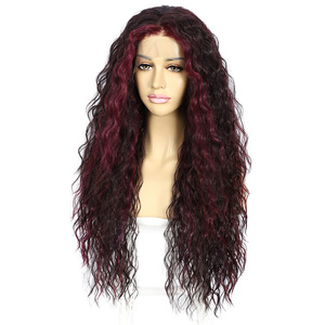 Venta al por mayor Futura fibra 26 pulgadas sintético Natural rizado ondulado resaltar 13x3 encaje frontal peluca marrón púrpura <span class=keywords><strong>Borgoña</strong></span> Color pelo - Product Image 2