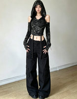 Haut court à capuche Y2K slim pour femme, style gothique, effet brûlé, épaules dénudées, manches longues, avec sangle métallique et rivets, style punk, vente en gros sur mesure