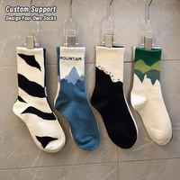 Chaussettes jetables mi-mollet en pur coton pour femmes, antibactériennes et respirantes, avec motifs montagne patchwork et détail de bordure