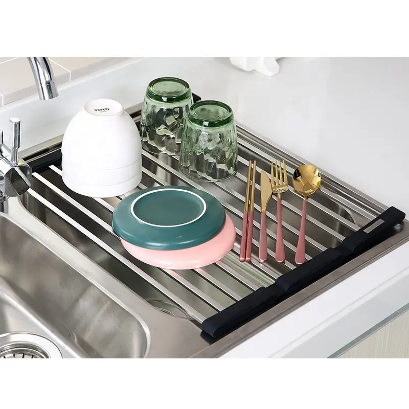 Creative house folding over the kitchen sink stainless steel drain rack roll up dish drying rack sink