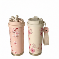 Mug isotherme en acier inoxydable à motif floral personnalisé avec poignée, couvercle, paille et corde pour voyage, bureau, cadeau