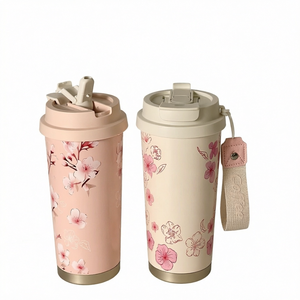 Mug isotherme en acier inoxydable à motif floral personnalisé avec couvercle, paille et cordon, idéal pour les voyages, le bureau ou comme cadeau. - Product Image 1