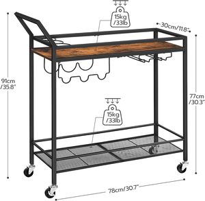 Casier à vin de cuisine à 2 niveaux en métal brun noir rustique moderne chariot de service rails de protection roues pour la maison bar salle à manger hôtel salon - Product Image 6