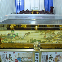 Plataforma de exhibición funeraria de titanio dorado con refrigeración por aire, barandillas exteriores/interiores, carro para ataúdes personalizado, limitador de ataúd