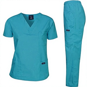 Conjunto de Uniforme Médico para Mujer, Tejido de Rayón, Cuello en V, Manga Corta y Pantalones a Juego, Color Verde Azulado - Product Image 1