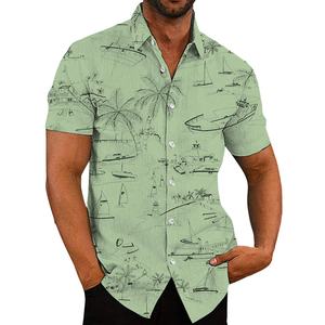 Camicia a maniche corte da uomo con stampa Coastal Sketch, motivo <span class=keywords><strong>nautico</strong></span> con barche e palme, abbottonata, per vacanze e <span class=keywords><strong>abbigliamento</strong></span> casual - Product Image 4
