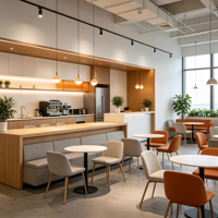 Intérieur de bureau moderne avec bureaux linéaires pour équipes, îlot de réunion, espace de gestion, espace de travail en îlot et zone sociale décontractée