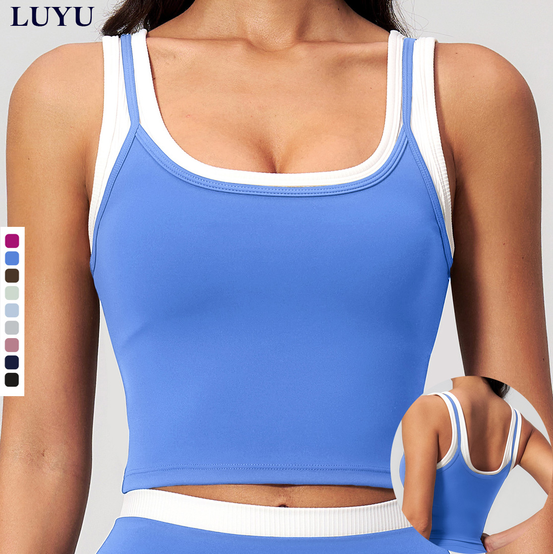 Hot Sale Contrast Color Double Layer Nude Workout Fitness Tank Tops Built in Bra Stylish Beauty Back Tops for Yoga Running