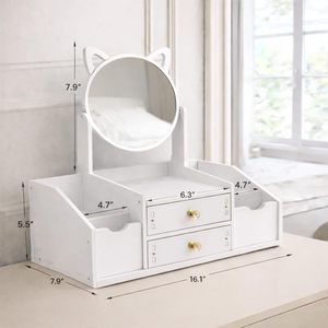 Multifunctional Wood Luxury White Round Mirror Nordic Cosmetic <b>Storage</b> <b>Box</b> <b>Makeup</b> Organizer with Mirror - Product Image 2