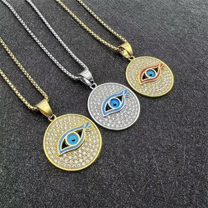 15years Factory Custom Hiphop Jewelry 18K <b>Solid</b> <b>Gold</b> Stainless Steel Round Crystal <b>Gold</b>/Silver Evils Eye Charm <b>Pendant</b> - Product Image 1